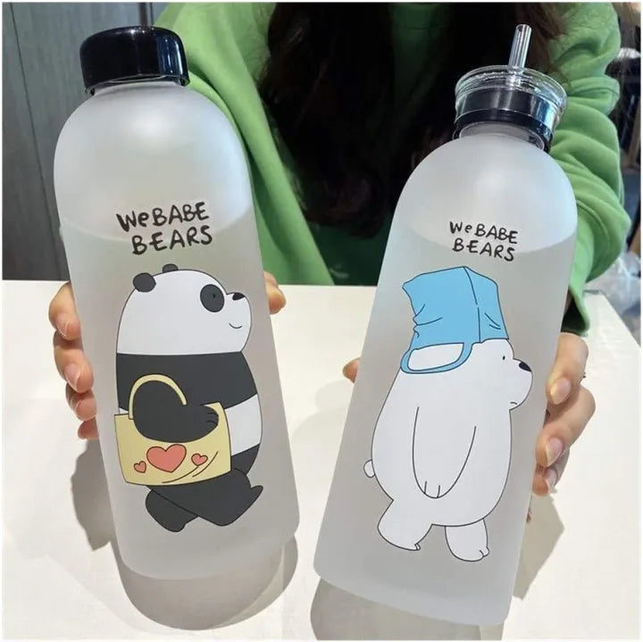Panda Bottle with 2 Caps & Straw Random Colour