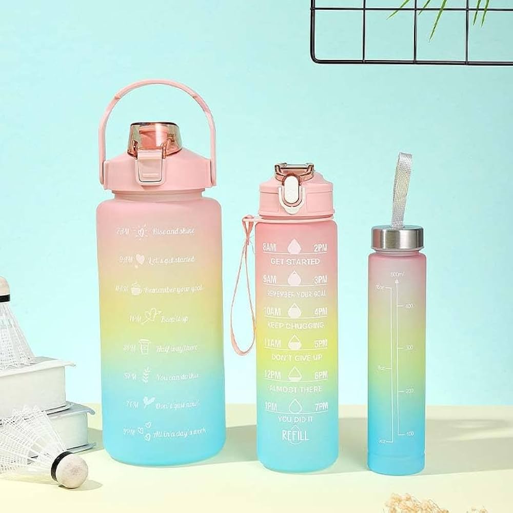3-Piece Motivational Water Bottle Set with Time Markers & Straw