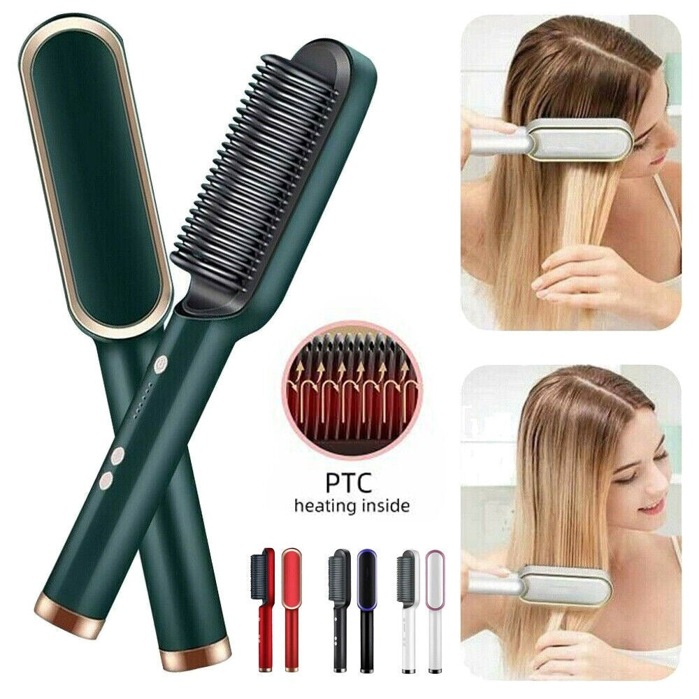 Hair Straightening Brush | Electric 2‑in‑1 Straightener & Curler | Heating Styling Comb | Quick 3‑Minute Styling