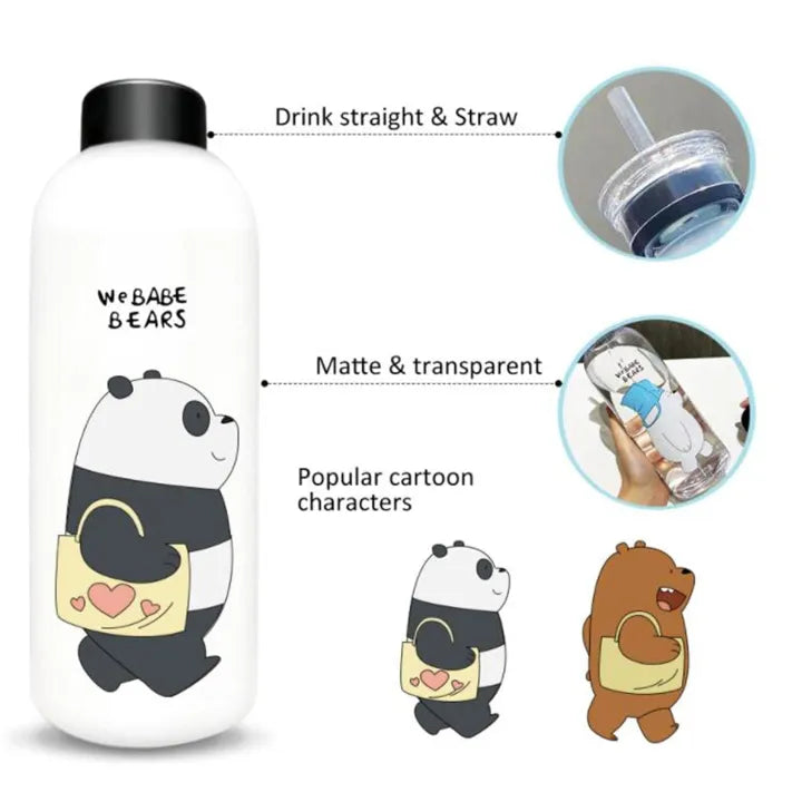 Panda Bottle with 2 Caps & Straw Random Colour