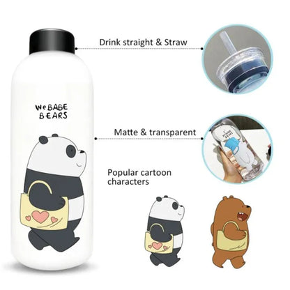 Panda Bottle with 2 Caps & Straw Random Colour