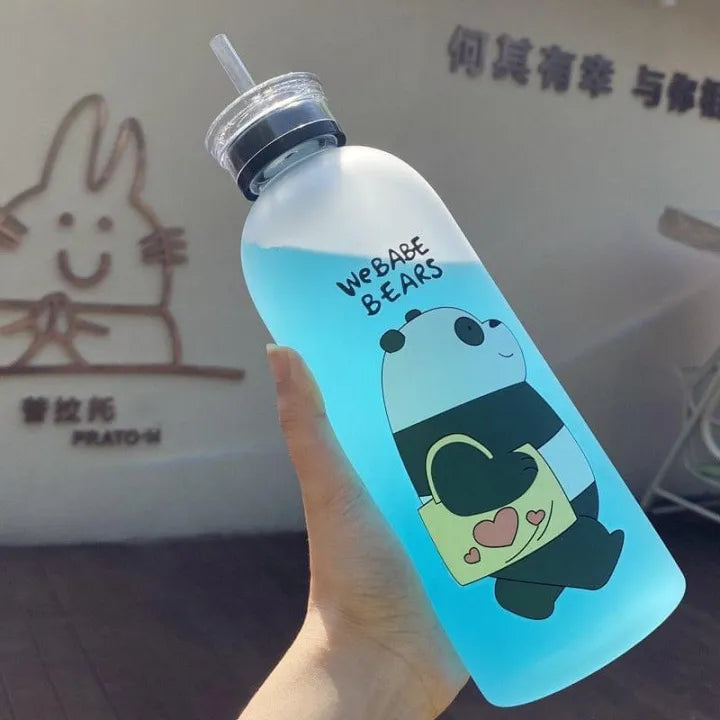 Panda Bottle with 2 Caps & Straw Random Colour
