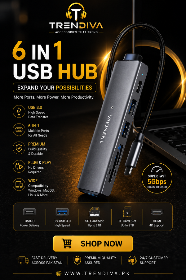 Trendiva 6-in-1 USB hub with features and specifications on a dark background